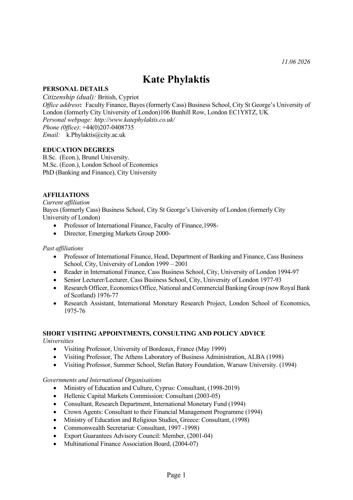 First page of Kate Phylaktis's CV